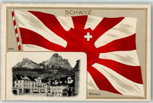 6430 Schwyz 1908 Prägedruck Fahne Wappen Lithographie