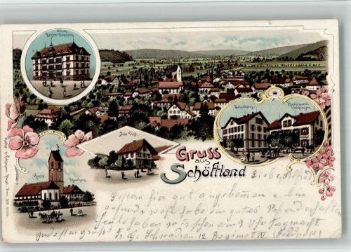 5040 Schöftland 1902 BOAKC Lithographie Neues Bezirks Schulhaus Kirche Pfarrhaus Alte Post Schulhaus Bierbrauerei Uehlinger