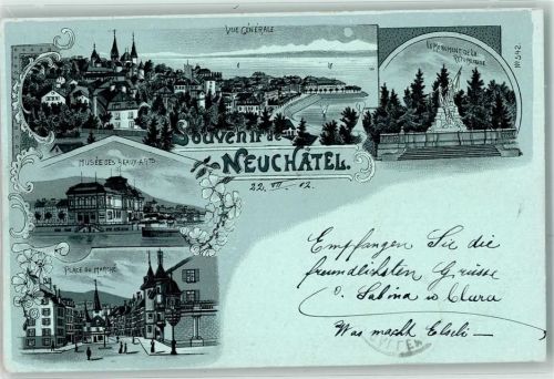 2000 Neuchâtel Neuenburg 1902 Lithographie / Mondschein Le Monument de La Republique Musee des Beaux Arts Place du Marche