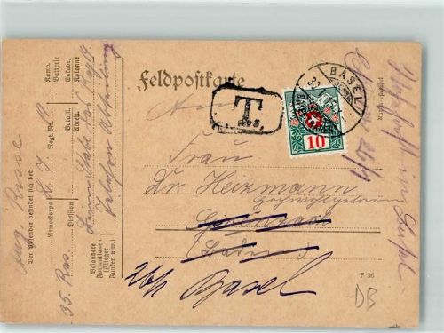 Basel Bâle Feldpostkarte Nachgebühr Taxe Stempel Phila Schweiz 1915