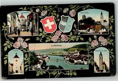 5080 Laufenburg Lithographie Wasengasse Schloss Habsburg Wasentor Pfarrkirche St. Johann Wappen