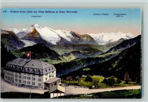 3900 Simplon Kulm - Hotel Bellevue et Alpes Bernoises Aletschhorn Glacier d'Aletsch Finsteraarhorn Wappen