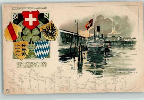 8590 Romanshorn 1901 Prägedruck Schifflände Bahnhof Wappen Vierblättriges Kleeblatt Dampfer Helvetia sign