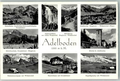 3715 Adelboden BE 1969 Foto AK Kirche Alphornbläser Tracht Schwimmbad Bauerhaus