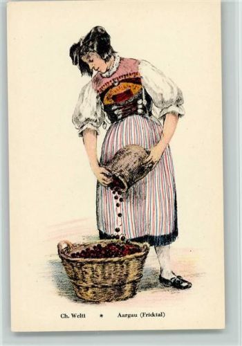 Frau aus Aargau Fricktal mit einem Korb voll Kirschen - sign Welti - Verlag Orell Füssli Tracht Schweiz