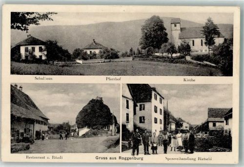 2814 Roggenburg - Schulhaus Pfarrhof Kirche Feldpost Baraillon 82