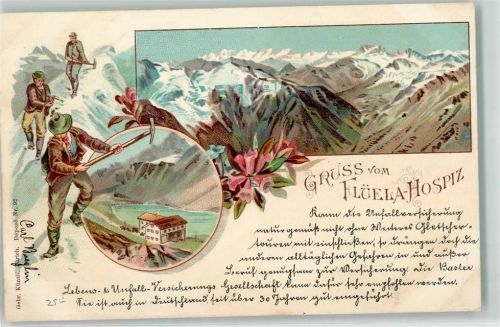 7530 Zernez 1898 Lithographie Flüela Hospiz Bergsteiger Gebr. Künzli Zürich Dep. Nr 92
