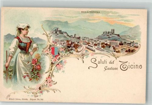 6500 Bellinzona Lithographie Tracht Burg Eisenbahn Gruß aus