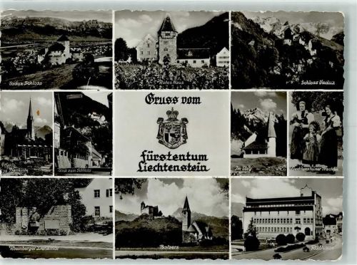 9496 Balzers Mäls Foto AK Schloss Rotes Haus Pfarrkirche Tracht Rathaus Rheinberger Denkmal