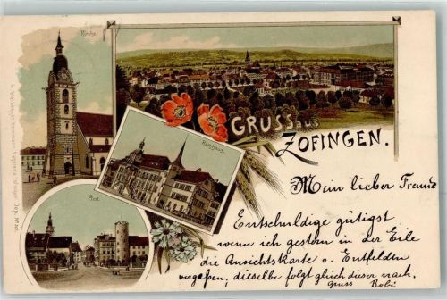 4800 Zofingen 1899 Lithographie Kirche Rathaus Post
