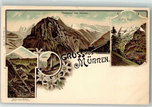 3825 Mürren Lithographie Hotel des Alpes Staubbach Mürren-Bahn Verlag Künzli Nr 286