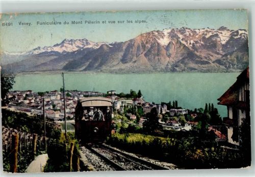 1800 Vevey 1909 Lithographie Funiculaire du Mont Pelerin et vue sur les Alpes