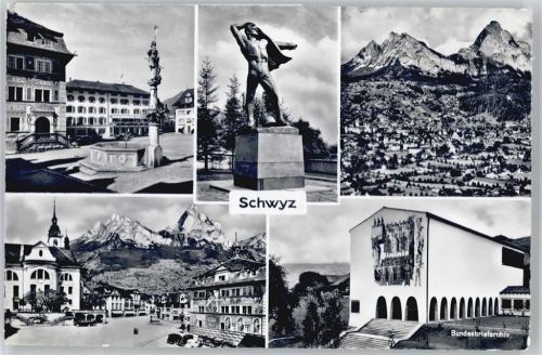 6430 Schwyz Gebrauchsspuren Hauptplatz, Brunnen, Mythen, Rathaus, Kirche, Bundesbrief-Archiv