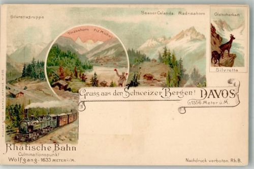7265 Davos Wolfgang 1899 Lithographie / Künstlerkarte Rhätische Bahn Schweizer Berge