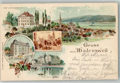 8820 Wädenswil 1899 Lithographie Obst- u. Weinbauschule Schloss Bürgli Post u. Telegraph Gebäude
