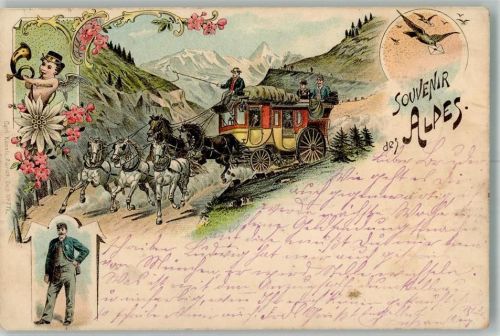 Verlag Künzli Souvenir des Alpes Postkutsche Schweiz 1898 Lithographie / Künstlerkarte
