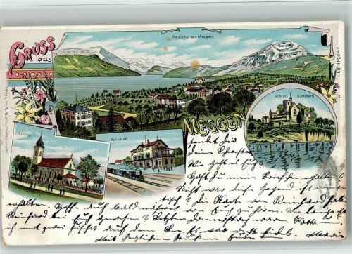 6045 Meggen 1902 BOAKC Lithographie Kirche Bahnhof Eisenbahn Schloss Habsburg Gebrauchsspuren, bitte Scan genau beachten!