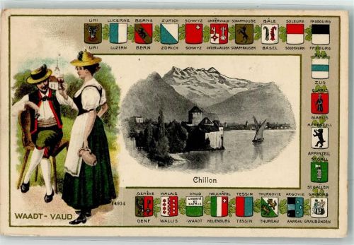 Chillon Chateau 1911 Lithographie / Prägedruck Tracht Waadt Wappen No.14934