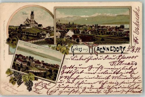 8708 Männedorf 1897 Lithographie Kirche Zellersche-Anstalt