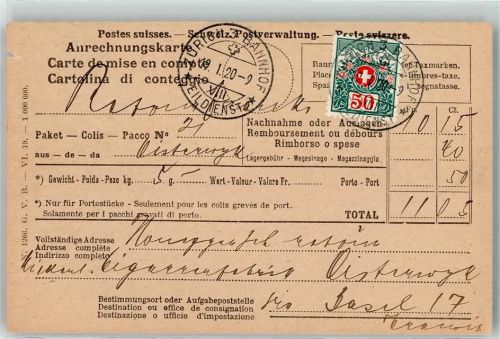 Zürich Anrechnungskarte Eildienst Phila Schweiz 1920 KEINE AK