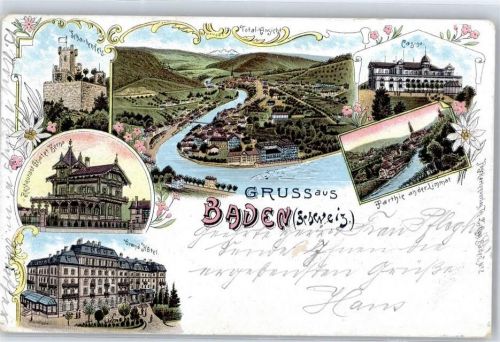 5400 Baden 1900 Lithographie Hotel Burg Schartenfels Kasino Gasthaus