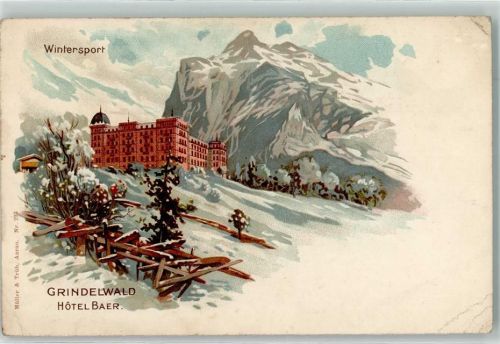 3818 Grindelwald Gebrauchsspuren Winter Hotel Bär Lithographie