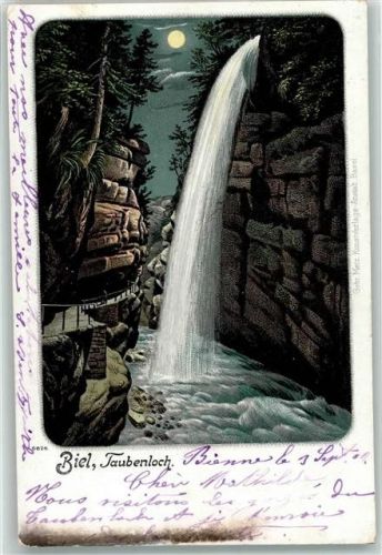 2500 Biel/Bienne 1902 Lithographie / Mondschein Taubenloch Wasserfall Mond