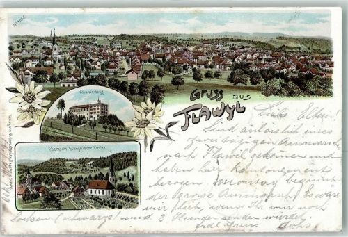 9230 Flawil 1900 Lithographie Villa Weidegg Oberglatt Ev. Kirche