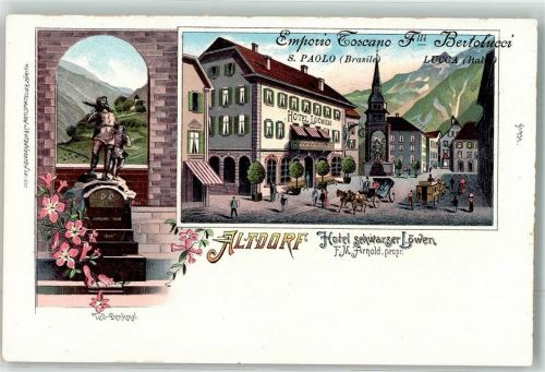 6460 Altdorf UR Lithographie Denkmal Tell Hotel schwarzer Löwe