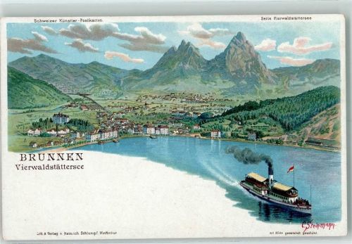 Brunnen Dampfer Serie Vierwaldstättersee Steinmann Lithographie