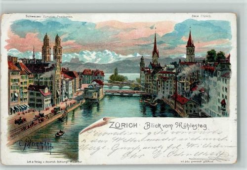 Zürich 1902 Blick vom Mühlesteg sign Steinmann Serie Zürich Steinmann Lithographie