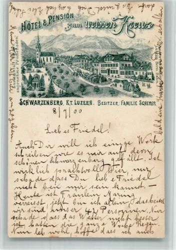 6103 Schwarzenberg LU 1900 BOAKC Lithographie Hotel Pension zum weißen Kreuz
