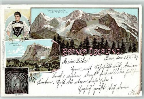 3818 Grindelwald 1897 Lithographie Tracht Eiger Mönch u. Jungfrau von der Wengenalp aus Wetterhorn Eis Grotte