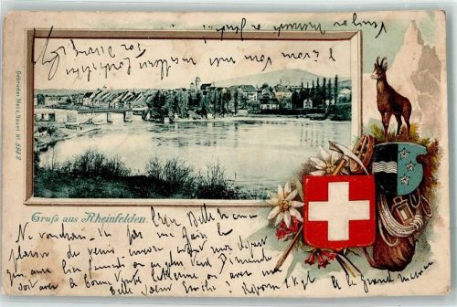 4310 Rheinfelden 1901 Lithographie / Prägedruck Wappen Gämse Wanderrucksack Pickel Edelweiss Passepartout No.8952