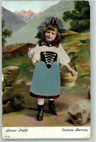 1909 Prägedruck Mädchen mit einem Trog mit echter Stoff Applikation AE 186