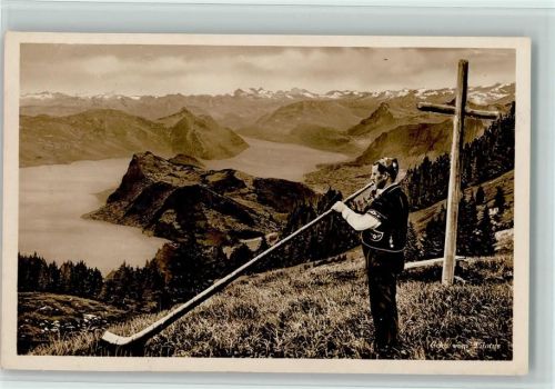 Bläser auf dem Berg - Ecke vom Pilatus - Schweiz Alphorn 1927 Foto AK