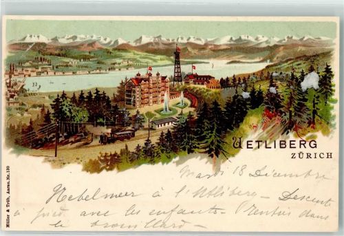 8143 Uetliberg Gebrauchsspuren Bahn Aussichtsturm Springbrunnen Fahne Berge See Lithographie