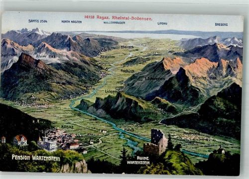 7310 Bad Ragaz Foto AK Vogelschau Rheintal-Bodensee Burg Wartenstein