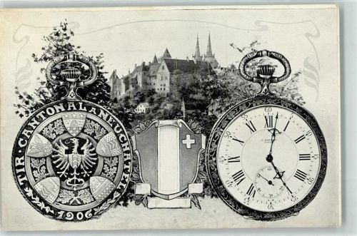 2000 Neuchâtel Neuenburg 1906 Lithographie Tir Cantonal Neuchatelois Wappen Taschenuhr