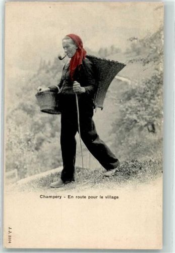 1873 Val-d'Illiez - Winzerin mit Tragkorb und Pfeife auf dem Weg ins Dorf