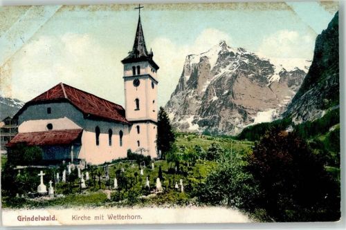 3818 Grindelwald 1911 - Kirche mit Wetterhorn