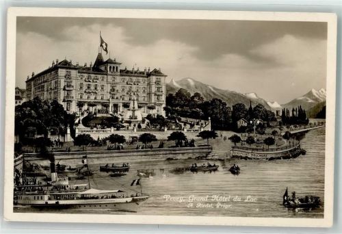 1800 Vevey Künstlerkarte Grand Hotel du Lac Dampfer Ruderboot