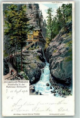 Passugg-Araschgen Trinkhalle in der Rabiosa-Schlucht Serie Graubünden Steinmann 1900 Lithographie