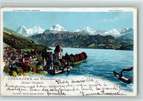 Oberhofen am Thunersee Nr. 2006, Gruss aus - sign Steinmann , Serie Thunersee Schlumpf 1903 Lithographie / Künstlerkarte