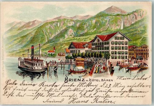 3855 Brienz BE 1899 Lithographie Hotel Bären Dampfer