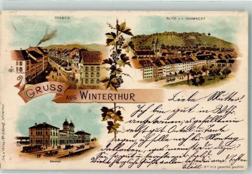 Winterthur Graben Blick v. d. Hohwacht Bahnhof Trauben Schlumpf 1897 Lithographie