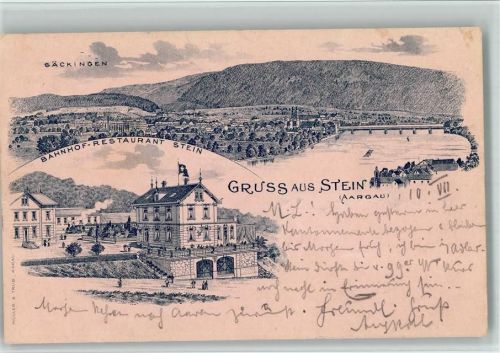4332 Stein AG 1901 BOAKC Lithographie Bahnhof Gasthaus Vorläufer Gebrauchsspuren, bitte Scan genau beachten!