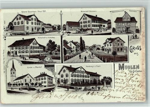 9313 Muolen 1904 BOAKC Lithographie Käserei Rieserhaus Gasthaus Germann Möbelschreinerei Edelmann Gasthaus Zum Hirschen Kirche Pfarrhof Handlung J. J. Fisch