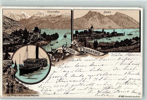Oberhofen am Thunersee Oberhofen Spiez Dampfer Thunersee Schlumpf 1898 Lithographie