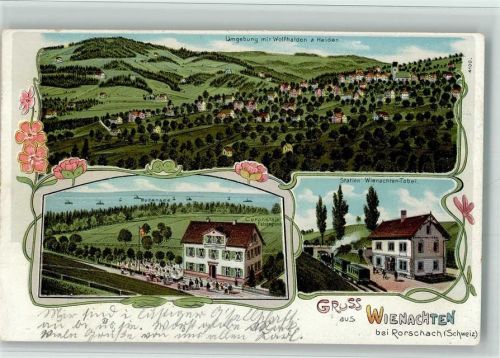 9405 Wienacht-Tobel 1902 BOAKC Bahnhof Kuranstalt Felsengrund Wolfhalden Posthilfstelle Lithographie